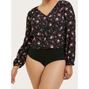 NWT Torrid Black Floral Silky Leotard Top Bodysuit 1X 14-16 Long Sleeve Romantic